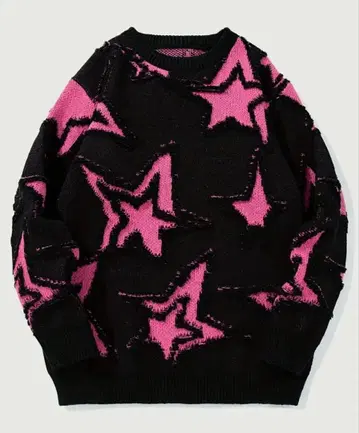 새상품 M~L 오버 사이즈 니트 스웨터 블랙과 핑크 별 패턴