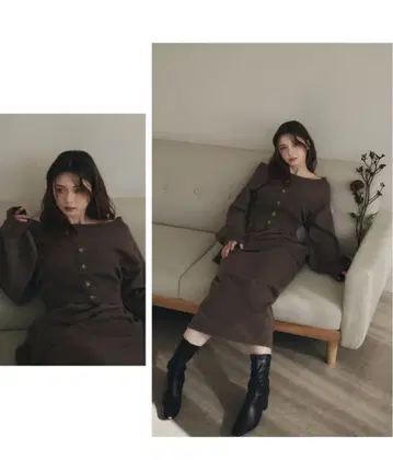 fupel 뷔스티에 포함 멜란지 리브 니트탑 셋업 브라운