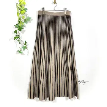 grove 그로브 롱 스커트(L) 니트 플리츠 스트라이프 베이지