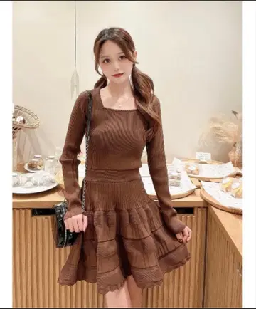 Darich 벌룬 보더 니트 미니 원피스 Free 브라운