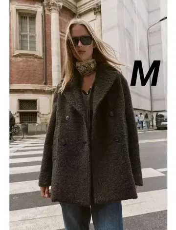 완판템 ZARA 부클레 더블 브레스트 미디 기장 코트 M 다크 브라운