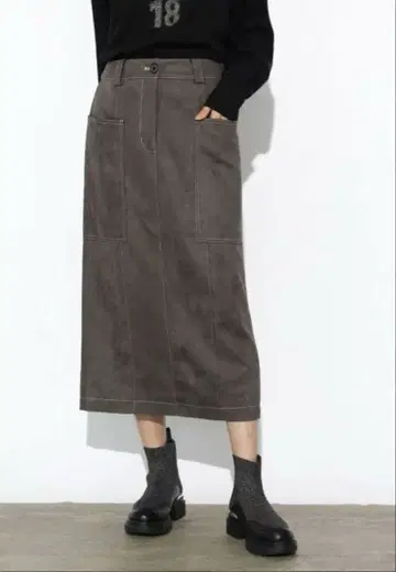 SCOTCLUB 스웨이드라이크 스티치 스커트 (차콜 그레이)