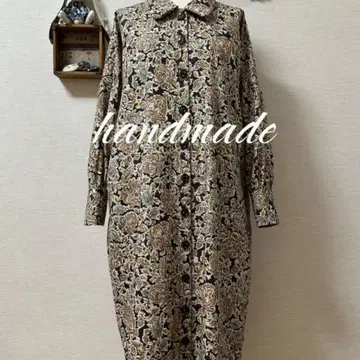 핸드메이드 코튼 프린트 셔츠 원피스 중간 두께 내추럴