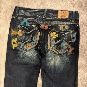 리오베라 RIOBERA 데님 플라워 자수 플레어 팬츠