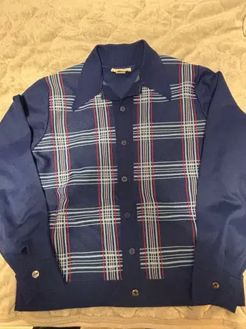 CUSTOMLINE 네이비 체크 무늬 긴팔 셔츠