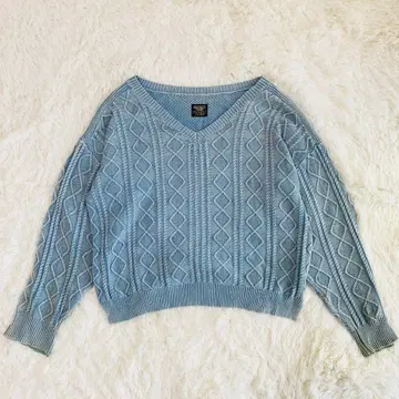 DOUBLE NAME/V넥 니트 스웨터/케이블 짜임/블루