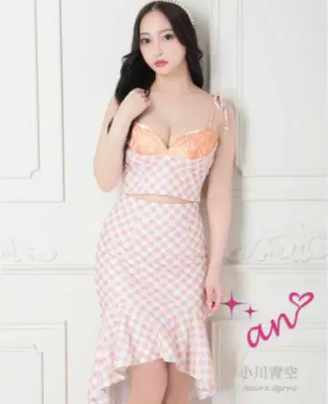 오렌지 체크 무늬 스트랩리스 드레스 AOC-3470 안 안