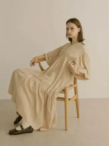 올른 스트라이프 원피스 키리마루 반팔 롱 원피스 베이지