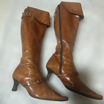 히미코 엘레강스 에나멜 천연 가죽 부츠 니하이