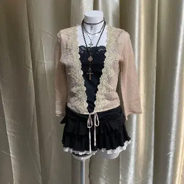 모헤어 혼방 가디건 벨로아 리본 라메 믹스 모리걸 페어리 그런지