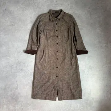 롱 셔츠 원피스 브라운 계열 7부 소매 스터드 아메카지 클래시컬