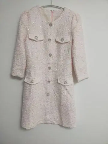 고급 핑크 트위드 원피스 펄 버튼 M 사이즈 세레모니/경사