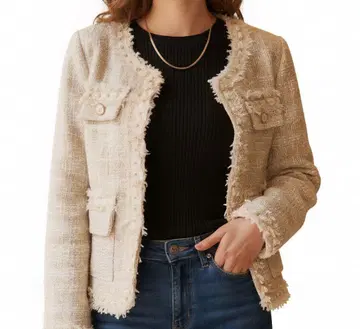 노카라 트위드 자켓 아이보리