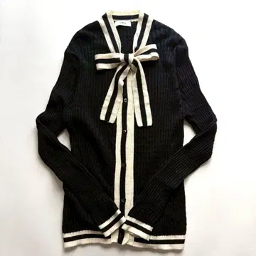 OBLI 인기 즉시 완판 리본 타이 가디건 울 100% 프리 블랙