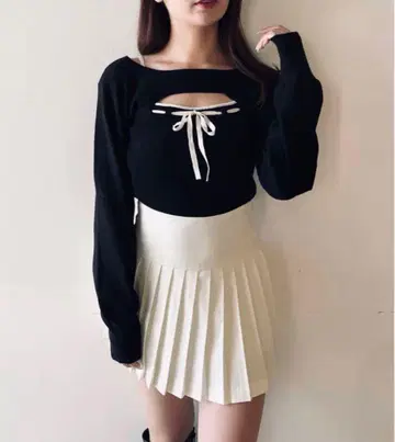 NOMAE oneway 바이컬러 리본 숏 레이어드 니트