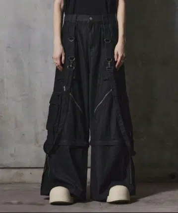 3way 루즈 실루엣 하이 기믹 서스펜더 카고 데님 팬츠