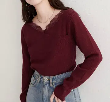 natural couture 아지메 레이스 넥 리브 니트 풀오버