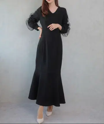 V넥 시어 슬리브 머메이드 원피스