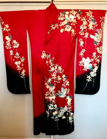 후리소데 새상품급 순수 실크 진홍색 늘어진 벚꽃 원앙 예쁘고 귀여운