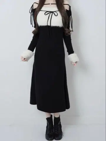 Ribbon bust fluffy long op 블랙