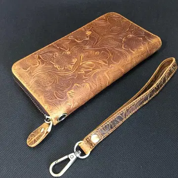 S11 천연 가죽 소가죽 카빙 지갑 남성용 올라운드 지퍼 브라운