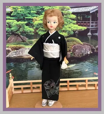 태미 인형용 기모노 [ 검정 토메소데/색지B ] 핸드메이드 기모노 세트