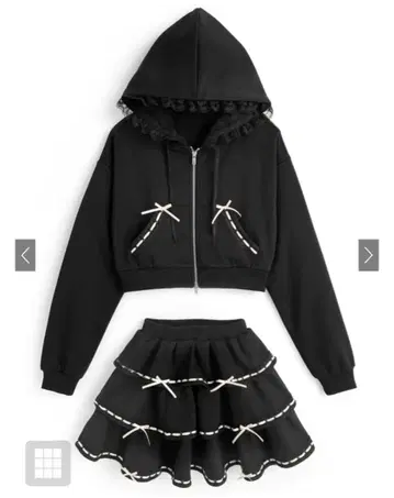 리본 레이스 후드티 x 티어드 미니 스커트 맨투맨 셋업 ru1452