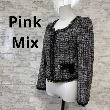 [Pink Mix 핑크믹스] 트위드 노카라 자켓 블랙 화이트 F