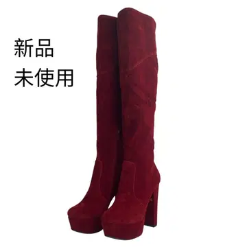 미사용 새상품 니하이 부츠 와이드 힐 와인 레드 M