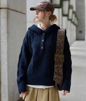 hazyl 케이블 니트 후디 네이비