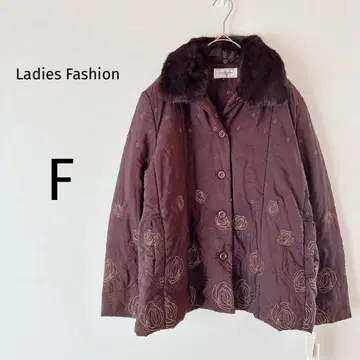 여성용 패션 퀼팅 자켓 퍼 꽃 자수 브라운 F