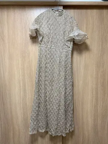 레이스 프릴 소매 롱 원피스 베이지