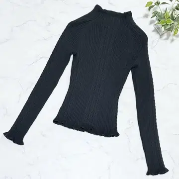 소브 Sov. 리브 니트 울 케이블 짜임 프릴 블랙 더블 스탠다드