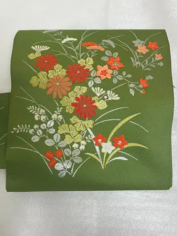 나고야 오비 열림 방식 자수 초화문 올리브 그린