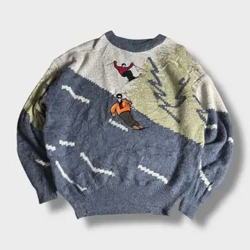 90s 스키 모티브 디자인 니트 입체 자수 아트 패턴 Y2K 구제 의류