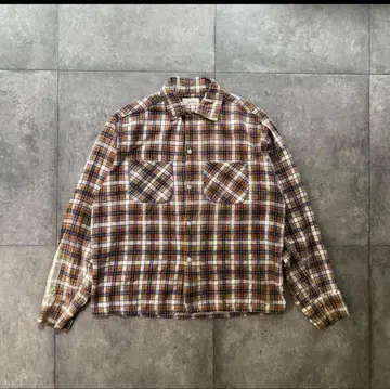 60s 프린트 플란넬 셔츠 오픈 카라/박스 베이지 x 블루