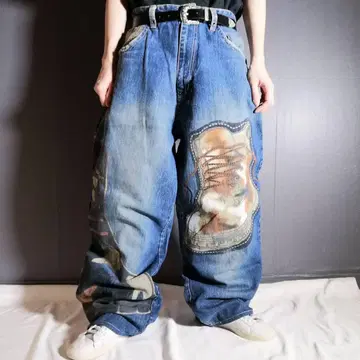 레어 00s Rawblue 워크 부츠 페인트 데님 배기 팬츠 W34