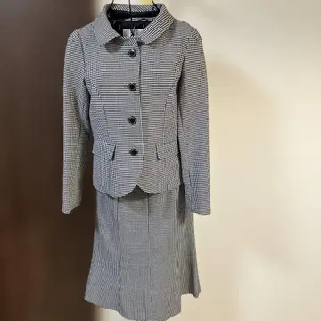 화이트 블랙 체크 수트 세트 8패널 스커트 카라 탈부착 가능 38 사이즈