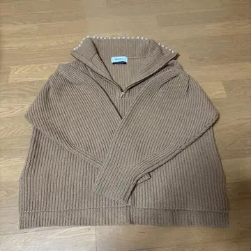 MUVEIL 베이지 하이넥 니트 펄 하이 게이지 니트 두꺼운 원단