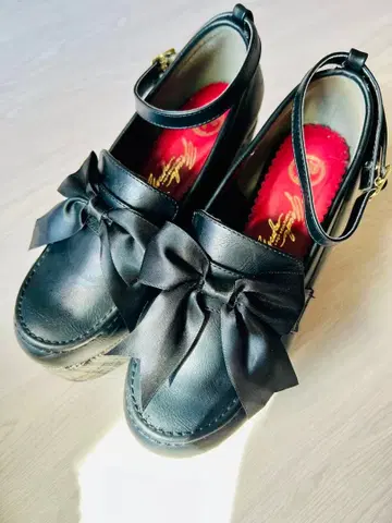 YOSUKE 통굽 펌프스 리본 포함 로퍼 블랙 체크 L 사이즈