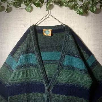 [좋은 배색] 프랑스제 V넥 가디건 울 혼방 보더 그린 파랑 L