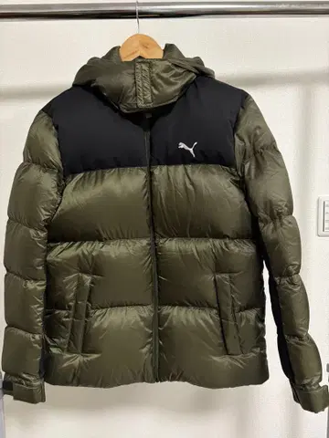 PUMA 후드 부착 다운 자켓 올리브 그린/블랙