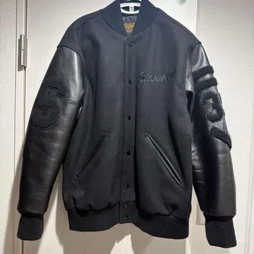 콜라보 SKOOKUM 블랙 가죽 바시티 자켓