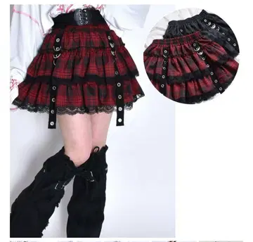 서브컬쳐 자수 체크 비둘기 아일렛 캉캉 스커트