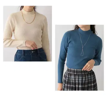 새상품 글로벌 워크 매끄러운 리브 하이넥 2장 세트 아이보리 & 블루 S