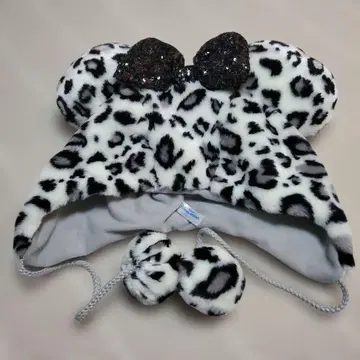 디즈니 팬캡 레오파드 무늬 플리스 모자 블랙 리본 포함