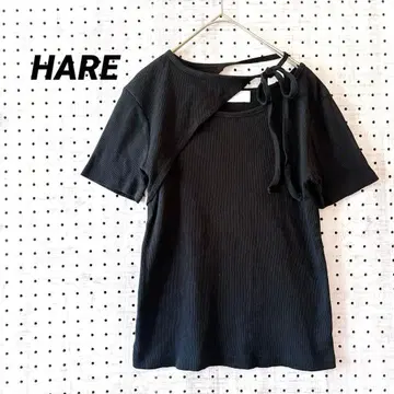 하레 비대칭 디자인 리본 부착 리브 티셔츠 ( F ) 코튼 100% 블랙