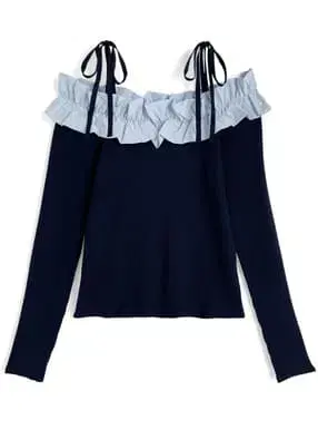 리본 프릴 오프숄더 니트탑