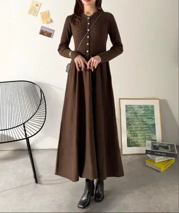 ClassicalElf 허리 리본 니트 원피스 (롱 기장)