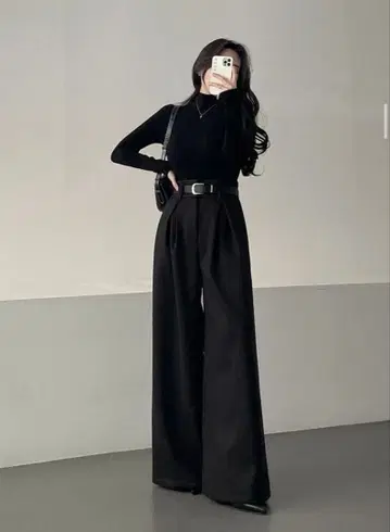 벨트 포함 퍼 안감 와이드 투 턱 포켓 하이웨스트 슬랙스